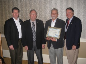 Long-time industry leader Gerry Muenchmeyer received NASSCO’s highest honor when he was inducted into the Select Society of Sanitary Sewer Sleuths. Making the presentation through a light-hearted roast was a previous inductee Mike Hogan. Pictured, left to right, along with fellow Society members are: Hogan, Wally Huber, Muenchmeyer and William Shook.