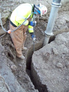 A Goliath Hydro-Vac technician hydro-excavates a utility trench during a recent project for Magellan Pipeline in North Dakota.